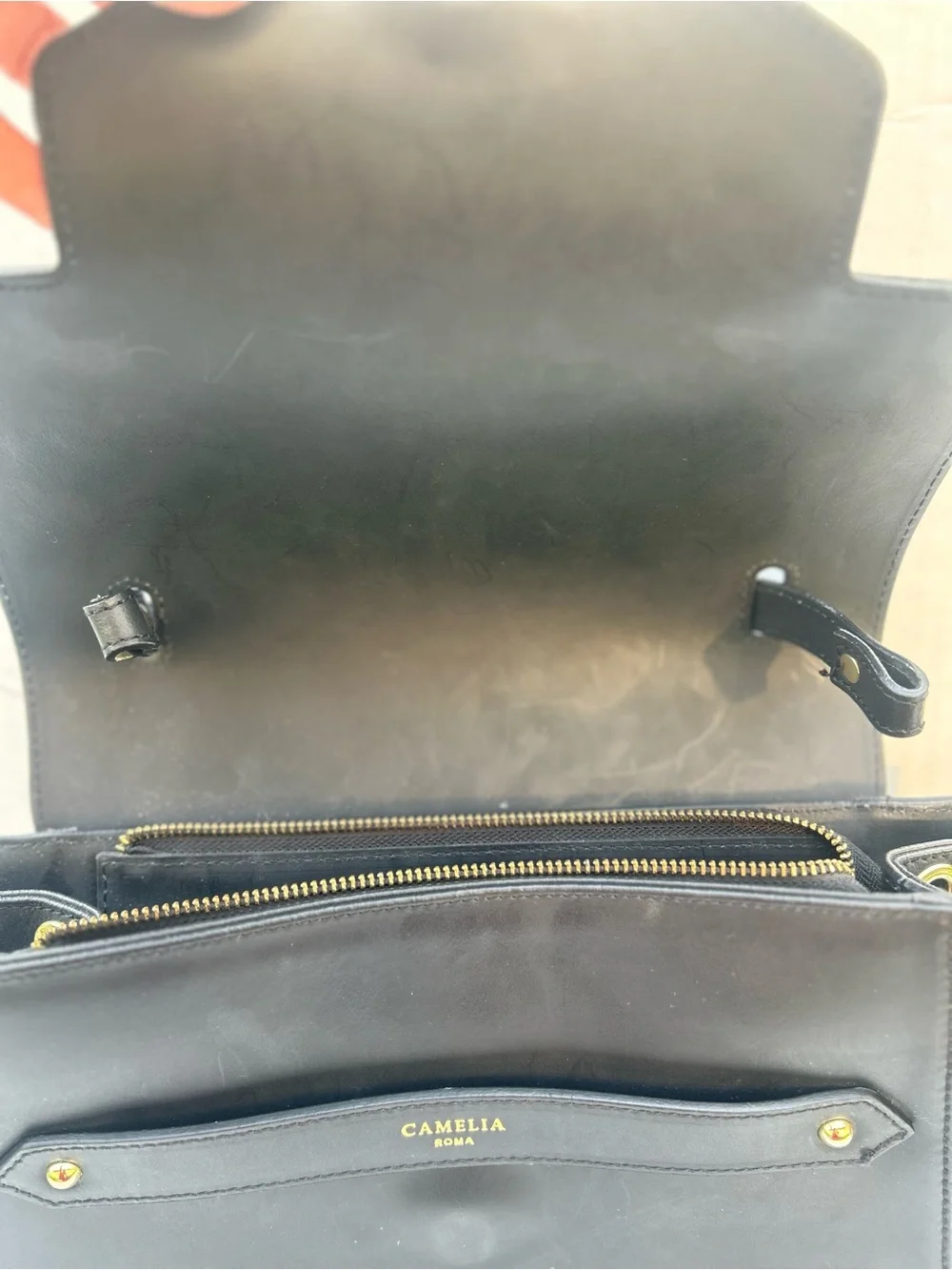 Camelia Roma Black Leather Top Handle Trapeze Satchel Handbag No Strap